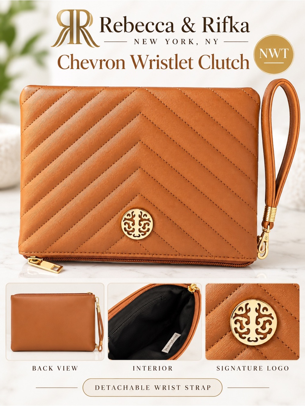Rebecca & Rifka Cognac Brown Chevron Quilted Wristlet Clutch NWT